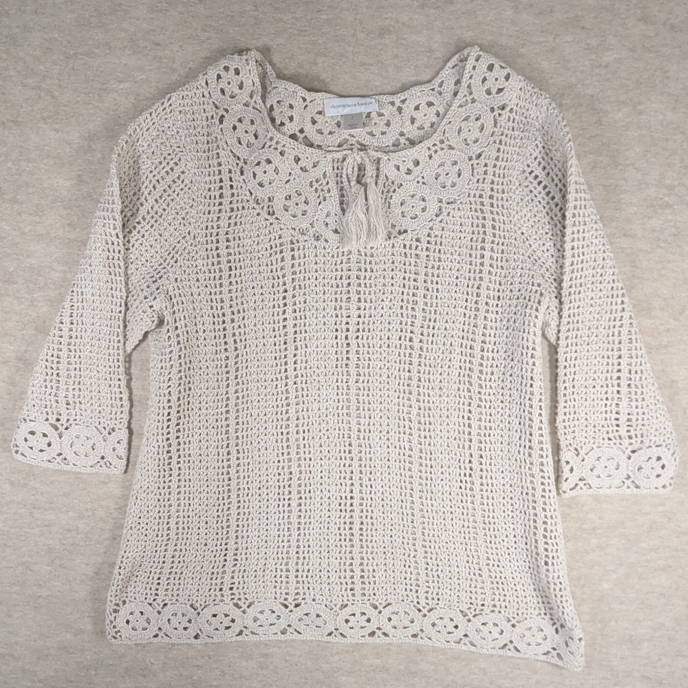 100% Cotton Gorgeous Oatmeal Beachy Natural Boho Crunchy Crochet Top Open Knit L